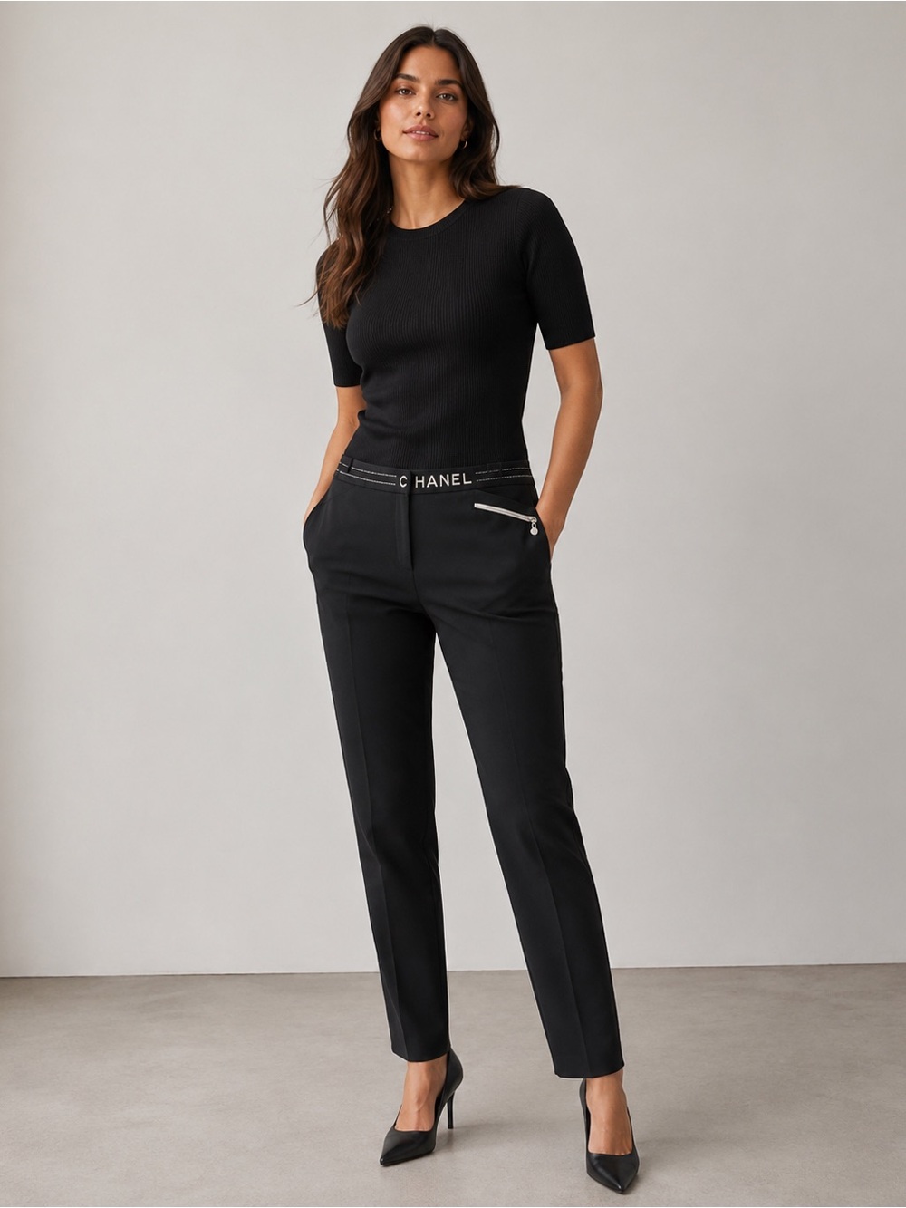 black womens dress pants straight‎ cut chanel brand sz10 with silver thread